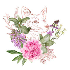 Wall Mural - branches, rose gold floral elements and fox head