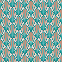 Ar Deco Vector Seamless Rhombic Fans Pattern In Beige And Turquoise Colors. Dainty Geometric Retro Pattern