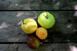 Fruit harvest. Fresh fruits. Apricot, plum, apple and pear on the background of an old rural wooden surface.
