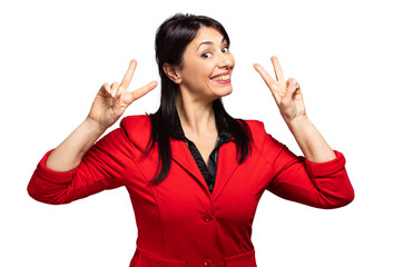 Woman making a double victory sign with her hands isolated on white