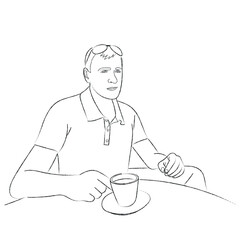 A man sits at a table in a cafe with a cup of coffee, sketch of a young man, coffee break