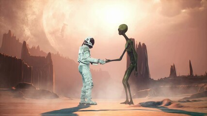 Wall Mural - meeting of an astronaut and an alien on a mysterious alien planet in a lost space. animation for fan
