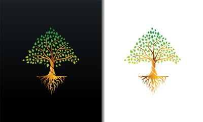 Tree of life with rays design vector gold and green gradient isolated on black and white background