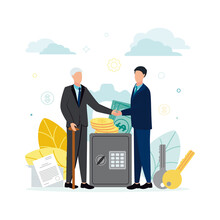 Finance. Vector Illustration Of Trust, Fiduciary Services. An Elderly Man Shakes Hands With A Man, Next To Them Is A Safe, Money, Documents, Keys, Against The Background Of A Gear, Leaves, Cloud