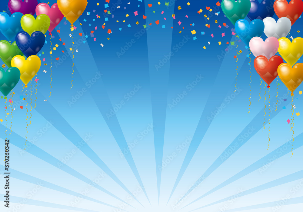 ハッピーで楽しそうなイメージの背景イラスト 空を飛ぶハート型風船バルーンと紙吹雪集中線バックグラウンド Background Illustration Of Balloons Wall Mural Globeds