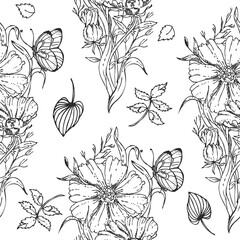  Detailed hand drawn black and white vector seamless pattern of flowers, butterfly, leaf. sketch. Elements in graphic style label, card, sticker, menu, package.