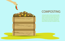 Compost Illustration, Compost Bin  With Organic Waste Illustration For Waste Composting,  Waste Recycling Process Concept For Compost Organic Waste Vector Illustration. 