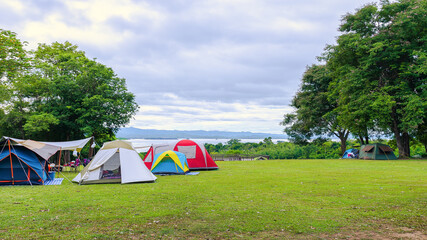 holiday morning camping ground. camp in the mountains, morning view