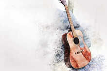Abstract Colorful Acoustic Guitar In The Foreground On Watercolor Painting Background And Digital Illustration Brush To Art.