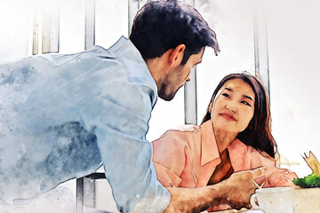 Abstract happiness young couple relaxation and working from home on watercolor illustration painting background.