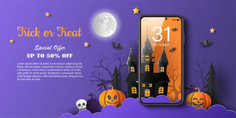 Wall Mural - Paper art style of a haunted house with bats, tombstones, and full moon for banner, poster or background, online shopping concept.