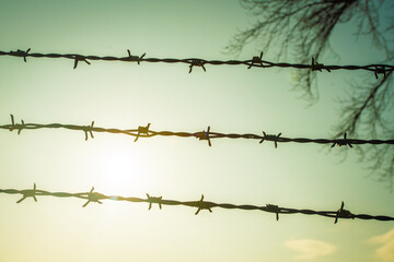 Barbed wire on fence with blue sky to feel worrying