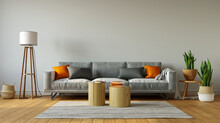  Gray sofa with orange pillows in simple living room interior, 3d rendering   