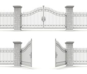 Clay render of open and closed iron gate - 3D illustration