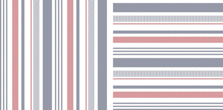 textile pattern in blue, red, white. herringbone textured vertical and horizontal irregular stripes 