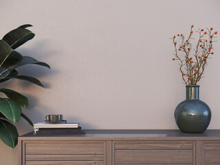 Wall Mural - Empty interior background, vase on cabinet and plant. 3d rendering