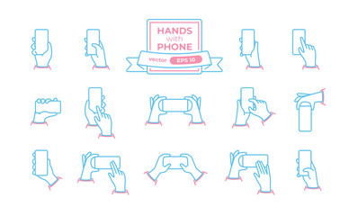 Wall Mural - hands with phone icons set isolated on a white background. hands hold the smartphone horizontally an