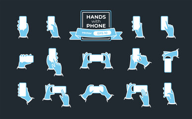 Wall Mural - hands with phone icons set isolated on a white background. hands hold the smartphone horizontally an