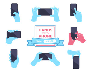 Wall Mural - hands with phone icons set isolated on a white background. hands hold the smartphone horizontally an