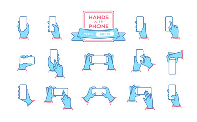 Wall Mural - Hands with phone icons set isolated on a white background. Hands hold the smartphone horizontally and vertically. Flat style vector eps10 illustration. Finger on the screen. Simple modern design.