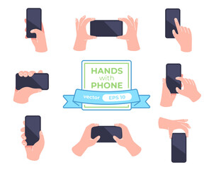 Wall Mural - hands with phone icons set isolated on a white background. hands hold the smartphone horizontally an