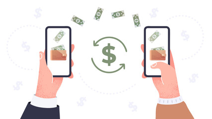 Money transfer app. Hands with phone. Hands hold the smartphone vertically. Wireless online money payment on the screen. Mobile wallet. Flat style vector eps10 illustration. Simple modern design.