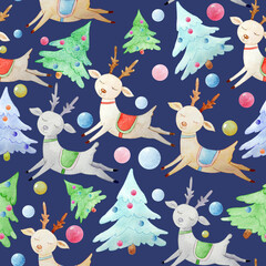 Cute Christmas deer in blankets run among blue and green Christmas trees. Watercolor holiday illustration on a dark blue background. Seamless pattern.
