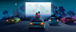 © Sensvector - Drive cinema or car movie theater, auto theatre, vector cartoon outdoor screen background. Car cinema or drive movie in open air, boy and girl couple embrace, sit and watch romantic movie on car roof