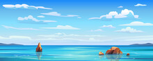 Sky And Sun At Sea Background, Ocean And Beach Vector Island Scenery Empty Flat Cartoon. Ocean Or Sea Water With Waves And Clouds In Sky, Summer Blue Seascape With Cloudy Sky And Seaside Panorama