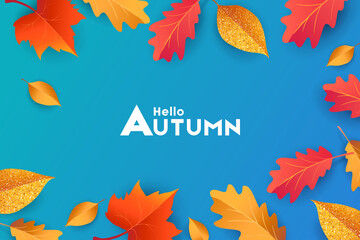 Autumn seasonal background with border frame with falling autumn golden, red and orange colored leaves on blue background, place for text. Hello autumn vector illustration