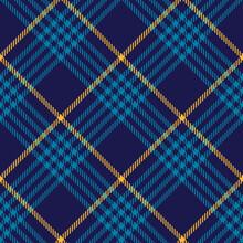 Plaid Pattern In Blue And Yellow. Tartan Woven Pixel Texture For Skirt, Blanket, Throw, Duvet Cover, Or Other Modern Autumn Winter Textile Print.