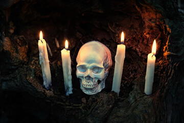 Wall Mural - human skull and burning candles on dark grunge background. witchcraft, scary, mystery, Halloween concept. 