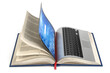 © Maksym Yemelyanov - Online library, online education or e-learning internet concept. Open laptop and book compilation.