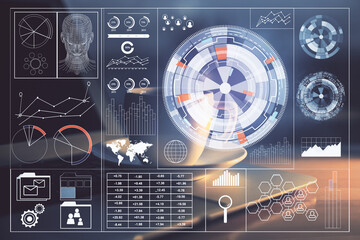 double exposure of desktop computer and technology theme hologram. concept of software development.