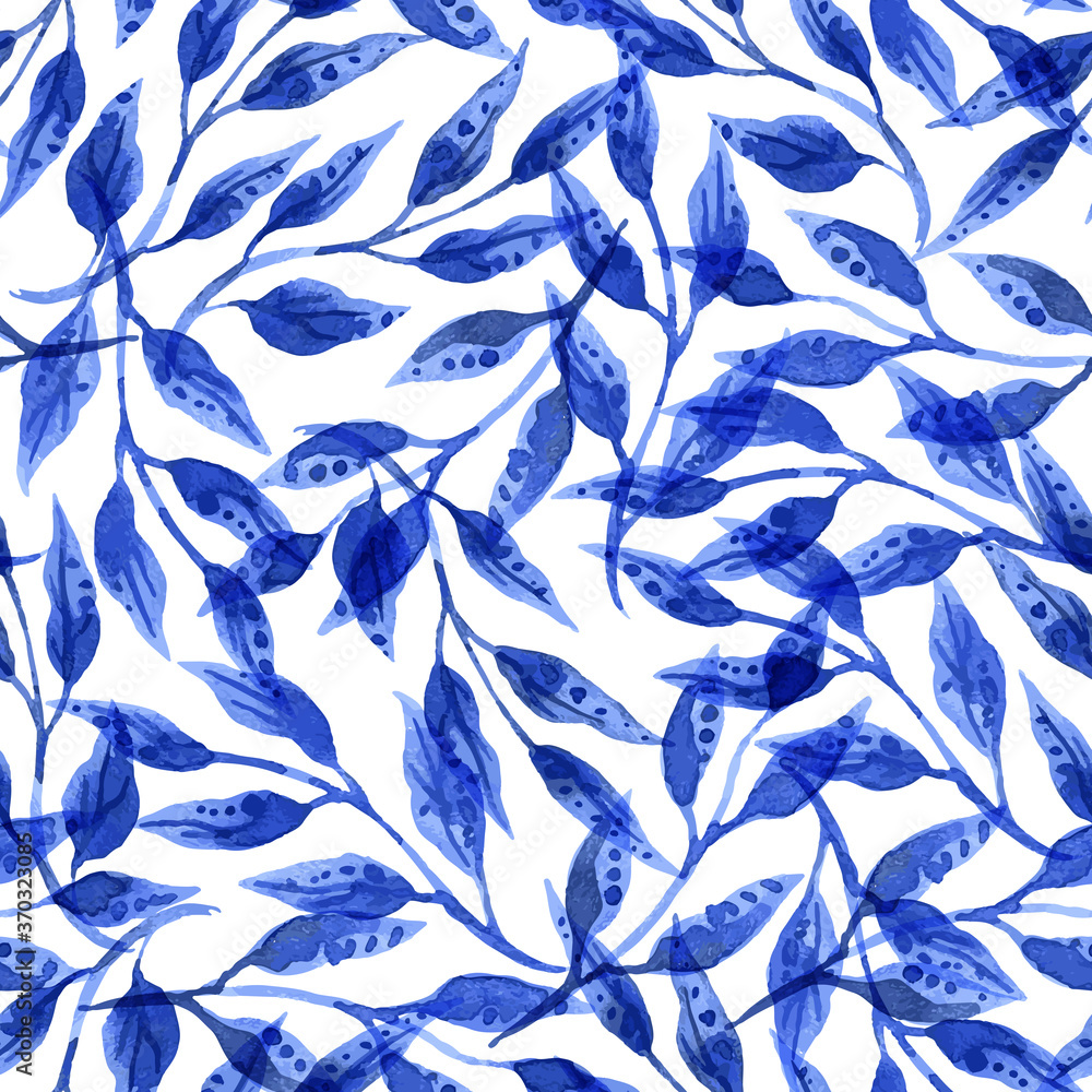 Vector floral seamless pattern with blue watercolor branches and leaves ...