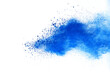 Blue powder particle splash isolated on white background.