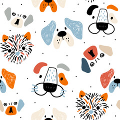 Wall Mural - Seamless pattern with cute dog faces, and hand drawn elements. Creative childish texture in scandinavian style. Great for fabric, textile Vector Illustration