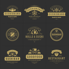 Canvas Print - Sushi restaurant logos and badges set japanese food with sushi salmon rolls silhouettes vector illustration