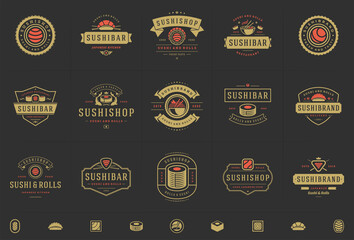 Wall Mural - Sushi restaurant logos and badges set japanese food with sushi salmon rolls silhouettes vector illustration