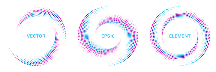 set of colorful spiral dotted graphic elements on white background. geometric vector frames.