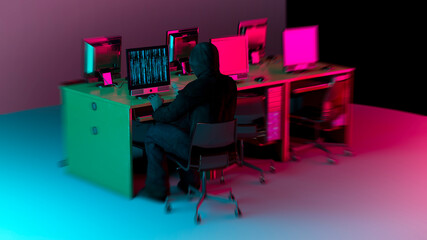 Canvas Print - Hackers in action on large corporate servers. Pirated information and business secrets. Hacking connection. Steal information and spread it online. 3d render