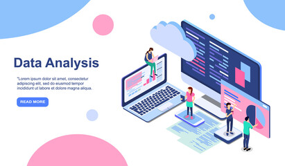 Data analysis modern flat design isometric concept. Analytics and people concept. Landing page template. Conceptual isometric vector illustration for web and graphic design. EPS
