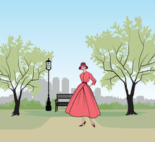 Park Cityscape Skyline. Retro Fashion Dressed Woman (1950s 1960s Style) In City Park Landscape. Stylish Young Lady In Vintage Clothes In Autumn City Garden. Summer Fashion From 60s. Urban Life