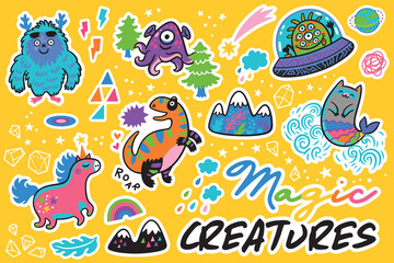 Poster - Magic creatures. Sticker set. Vector illustration