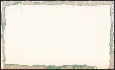 The reverse side of old photographs with traces of glue. panoramic decorative frame from the remnants of green paper, background