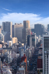  Landscape of tokyo city skyline in Aerial view with skyscraper, modern office building and blue sky background in Tokyo metropolis, Japan.