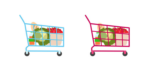 Wall Mural - Supermarket trolley flat color vector objects set