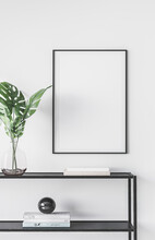 Design Modern Interior Of Living Room With Black Metal Console, Green Leaves In Vase, Mock Up Poster Frame And Elegant Accessories. Stylish Home Interior. 
Trendy Home Decor.