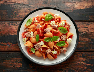 Wall Mural - Conchiglie Tuna pasta with tomato sauce, feta cheese and basil on wooden table.