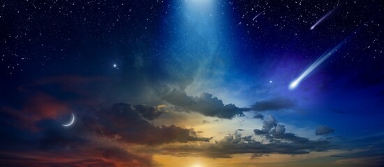 Canvas Print - Beautiful glowing sunset, comet and shooting stars, rising crescent moon and bright stars.